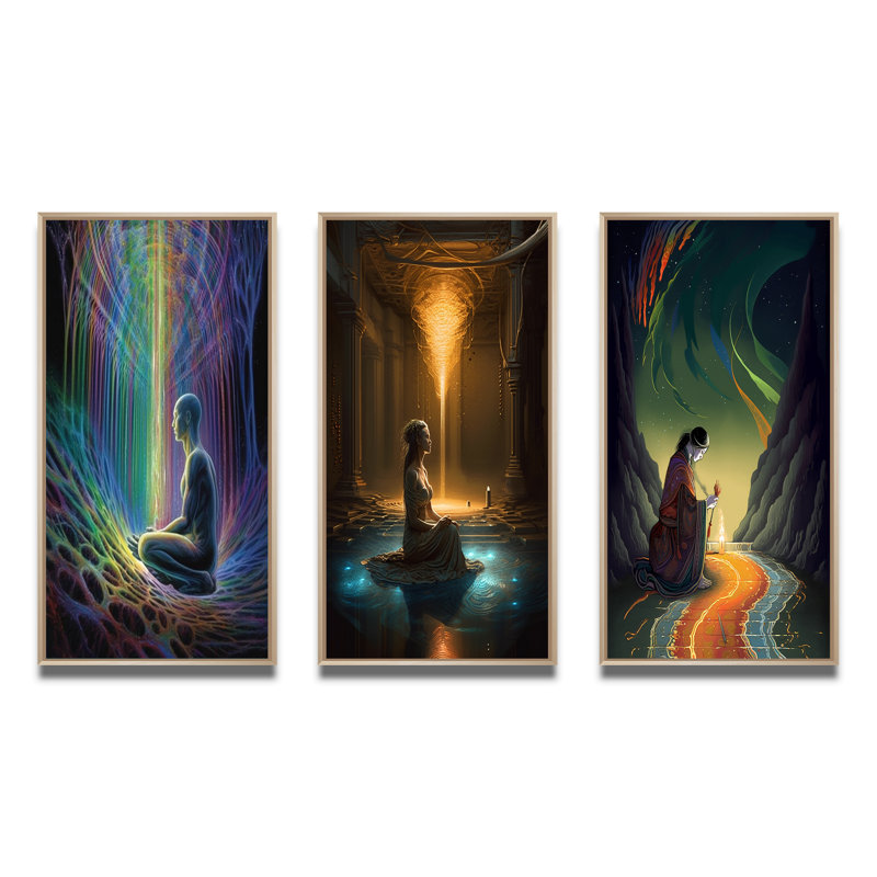 «Rainbow Energetic Body Matrix Meditation», 3 pièces sur toile, H 60 po x l 40 po, Encadré naturel