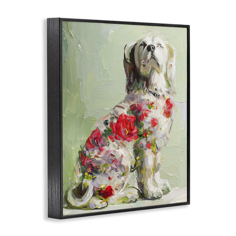 «Floral Daubed Dog», estampe numérique, conception par Lil 'Rue, H 14 po x l 11 po, Giclée encadrée noir minuit
