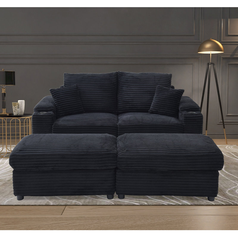 Blossie 70.8"W Luxury Corduroy Modular Chaise Lounge, 2 Cup Holders, 2 Storage Ottoman, 2 Seaters Loveseat Sofa, Black