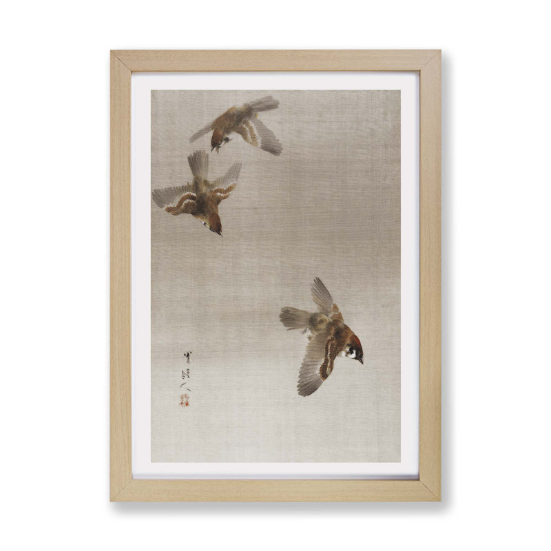 Flying Sparrows by Watanabe Seitei - Framed Print, 45cm H x 63cm W x 2cm D, Oak
