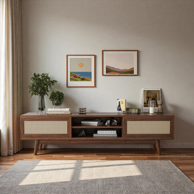 Meuble télé 75 po en rotin, meuble télé en bois avec rangement, meuble télé moderne Mid-Century pour le salon, console multimédia Boho, centre de divertissement avec gestion des câbles