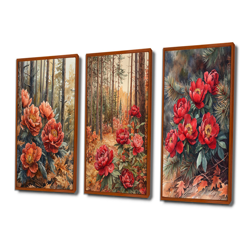 Pivoines parmi les pins d'automne I - Collection de grandes décorations murales pivoines, H 28 po x l 36 po, Brun