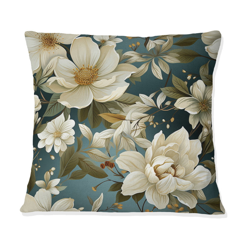 Coussin décoratif imprimé floral blanc et vert I, H 16 po x l 16 po