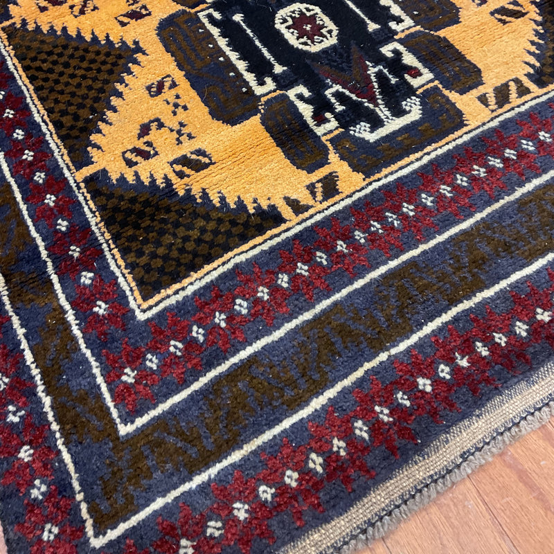 Tapis intérieur de la laine 2 pi 10 po x 4 pi 4 po noué la 1990 one-of-kind-à la main