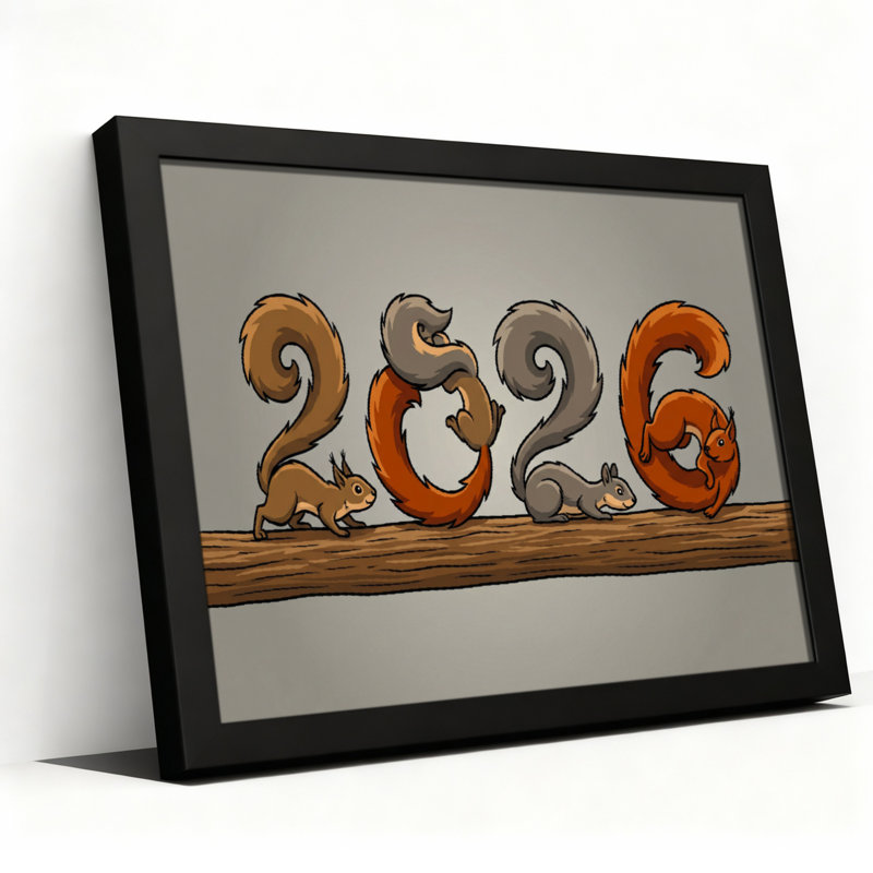 Ensemble de 1 tableau sur toile tendue « Écureuil 2026 », H 24 po x l 36 po, Impression encadrée sans passe-partout, Noir
