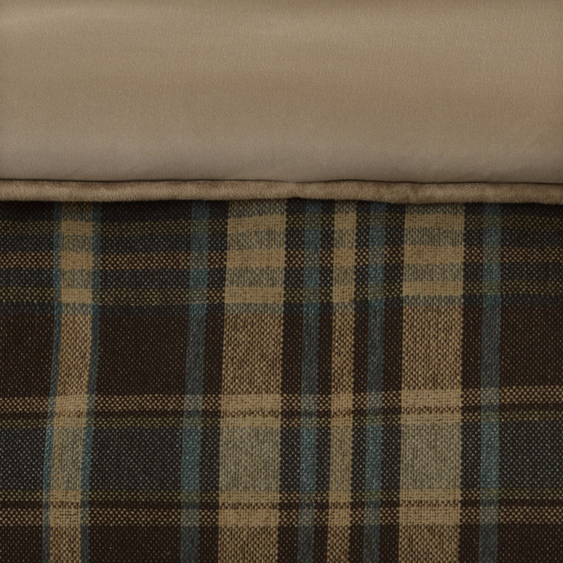 Queen Brown Microfiber Down Alternative Comforter Set with Plaid Design