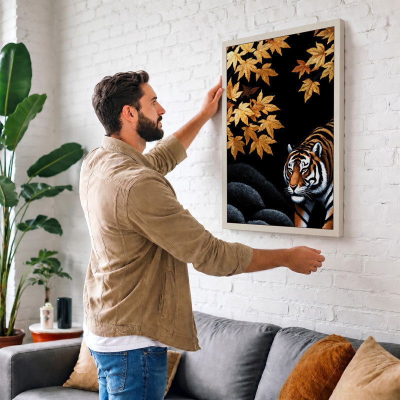Tiger Among Autumn Leaves Boho - Print, 24x16 - 61.0 x 40.6 cm, Taupe Border