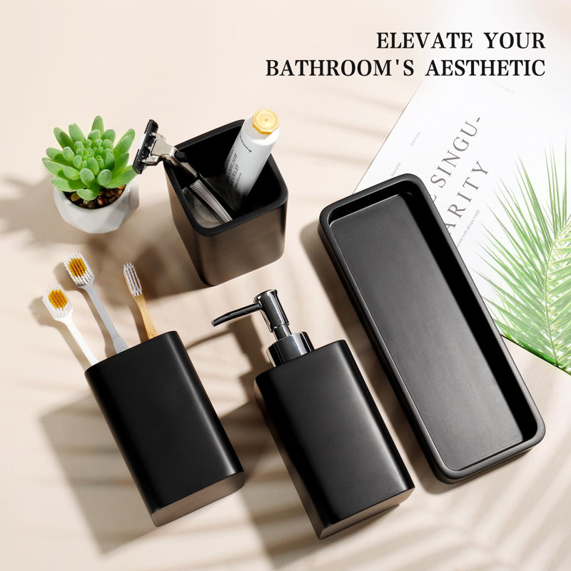 Ensemble d'accessoires de salle de bain, ensemble d'accessoires de salle de bain 4 pièces, distributeur de savon, porte-brosse à dents, ensemble de support Cotton Swab, ensembles de salle de bain complets, ensemble de lavabo pour décor moderne, blanc