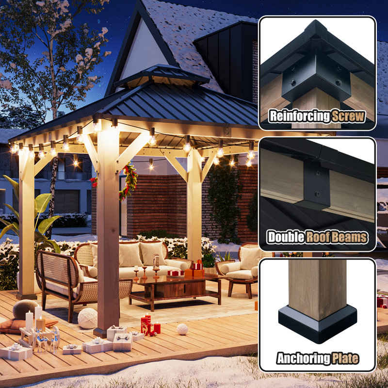 10 Ft × 10 Ft Solid Cedar Wood Hardtop Gazebo, Double Tier Metal Roof Outdoor Patio Pavilion with Built-in Ceiling Hook for Backyard & Deck