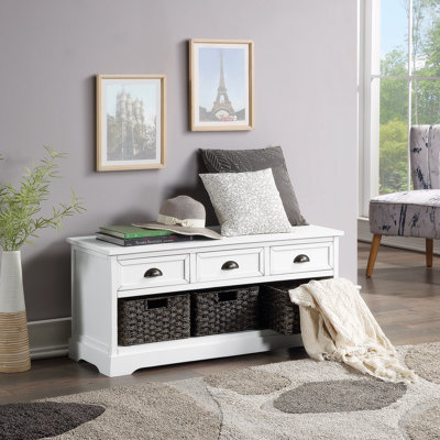 Wood Storage Bench With 3 Drawers And 3 Woven Baskets Entryway Bench With Storage