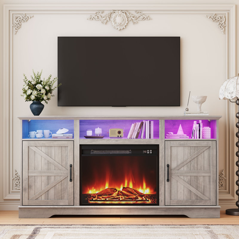 Modern Media TV cabinet with Electric Fireplace, Adjustable LED Lights & Storage Cabinet for TVs up to 65 Inches - App & Remote Controlled Entertainment Center for Living Room