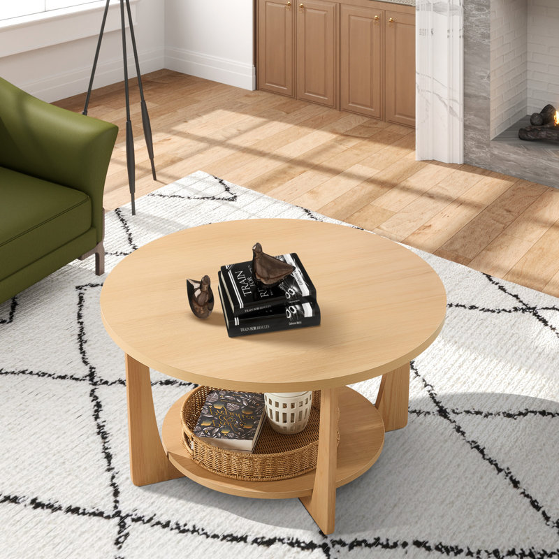 Natural Solid Pine Wood Round Coffee Table with 2-Tier Storage