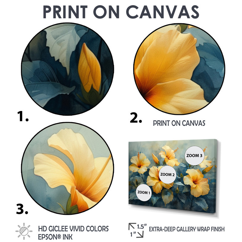Marcel - Hibiscus, impression d'art mural, Toile avec cadre flottant noir, H 28 po x l 60 po x P 1,5 po