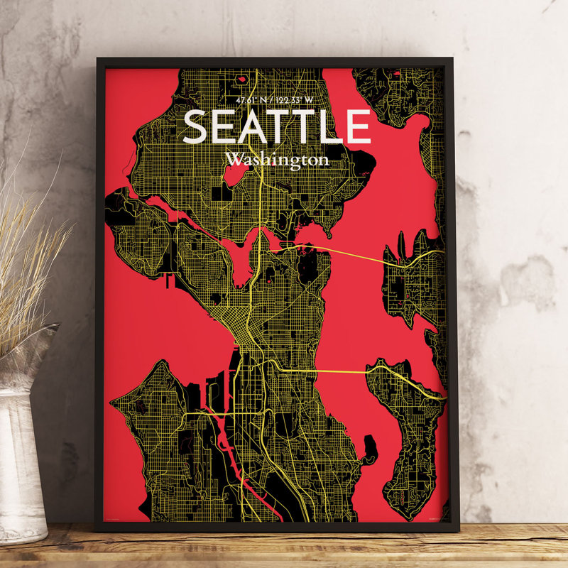 « seattle city map », reproduction d’impression sur affiche en contraste, H 24 po x l 18 po x P 0,05 po