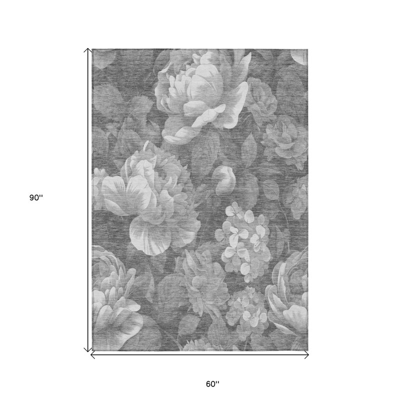 Tapis extérieur lavable floral gris et gris anthracite 5 pi x 8 pi