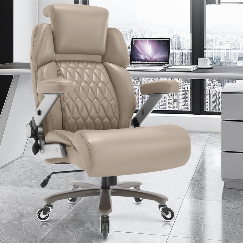 Mikial 500lbs Big and Tall Executive Office Chair - Breathable Leather, 3D Arms, & Air-Compressed Lumbar Support, Khaki