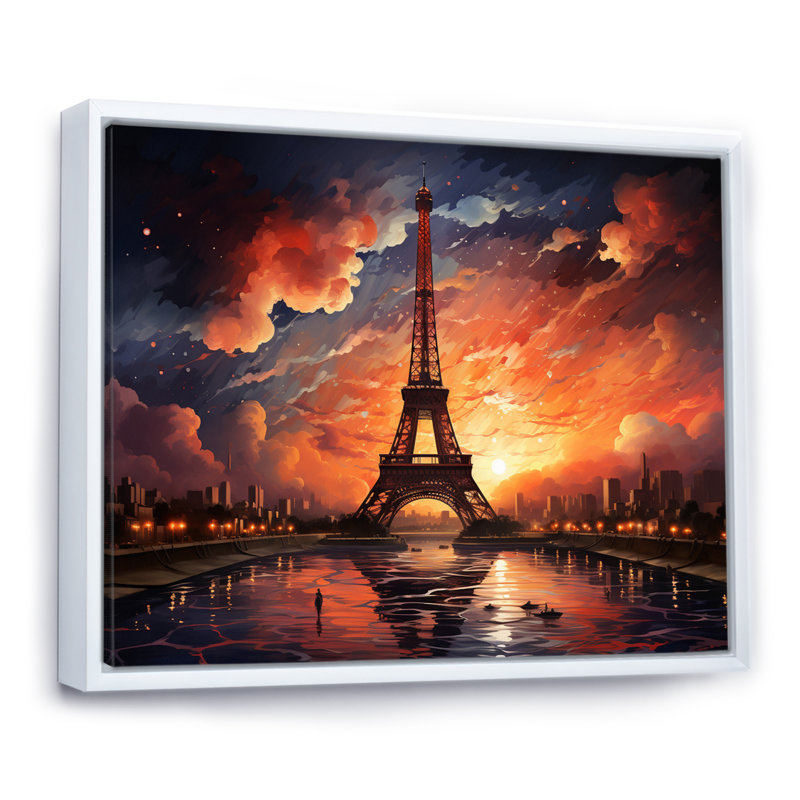«Majestic Sunset by The Eiffel Tower In Paris», reproduction sur toile, H 24 po x l 32 po x P 1 po, Cadre flottant blanc