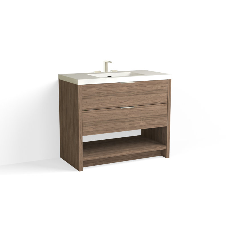 Vue 42" W Freestanding Single Bathroom Vanity, Glossy White/8" Widespread, Matte Black, White Nanomatte