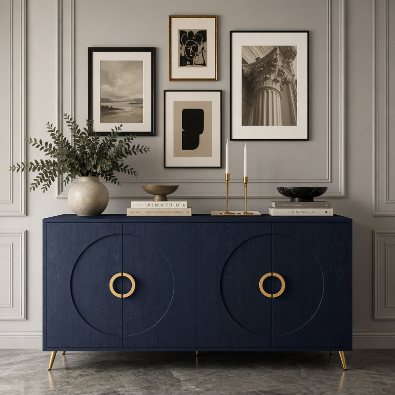 60 po LuxurySideboard, crédence de rangement ronde à 4 portes en relief, console de vestibule moderne avec poignées dorées