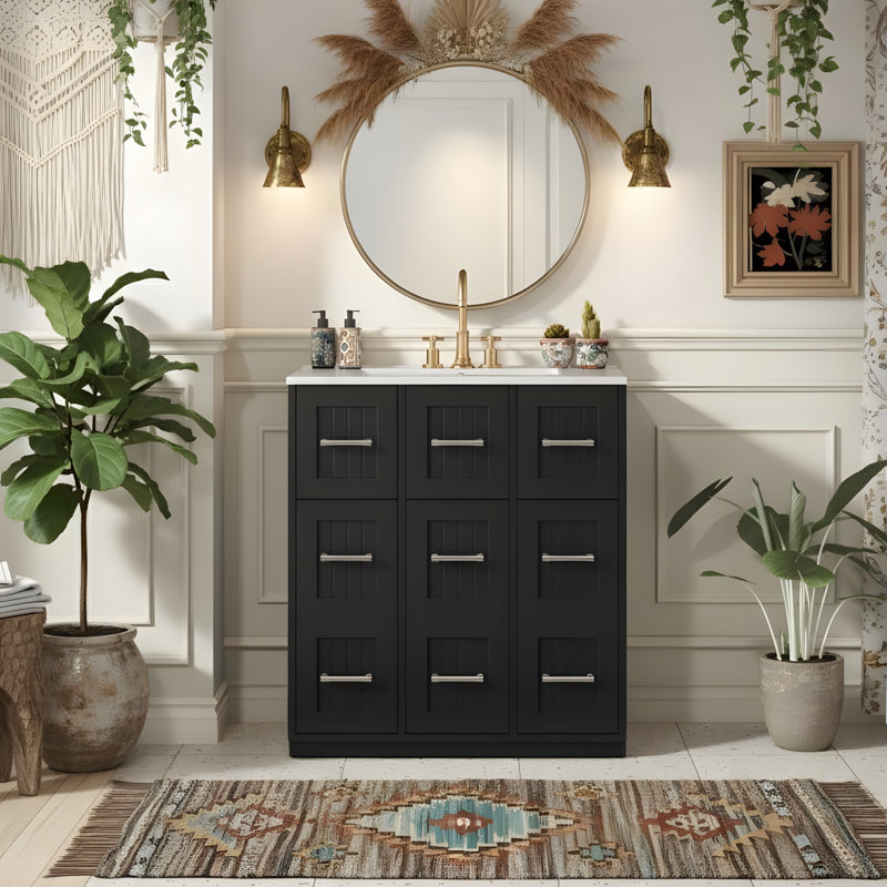 Meuble-lavabo de 30 po avec lavabo et tiroirs encastrés, Noir, Argent argent