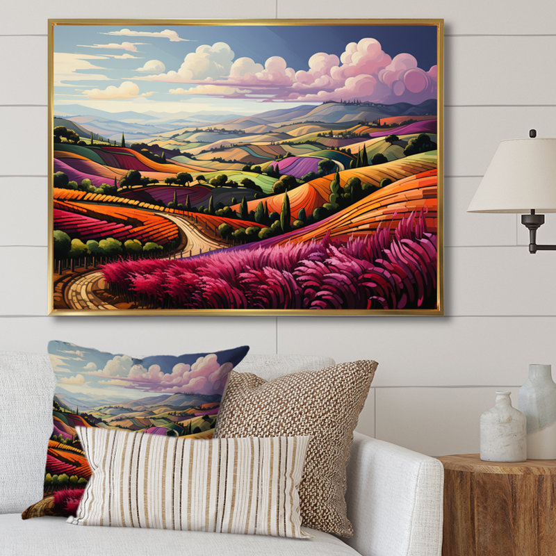 Mauve, orange, vigne, rangées de rubis sur toile, Cadre flottant doré, H 34 po x l 44 po x P 1,5 po