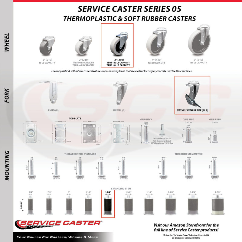 Roulettes de service de remplacement pour roulettes Colson 1.03367.441 MTG44 BRK3