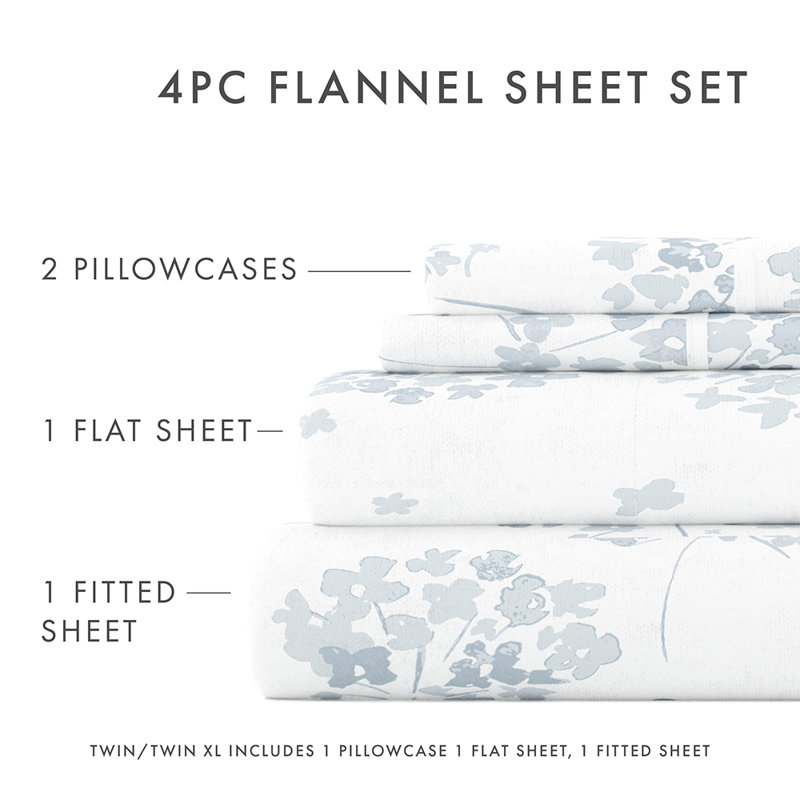 Sheet Set 100% Cotton Patterned Flannel Super Soft Bedding, Light Blue Flower Bunch