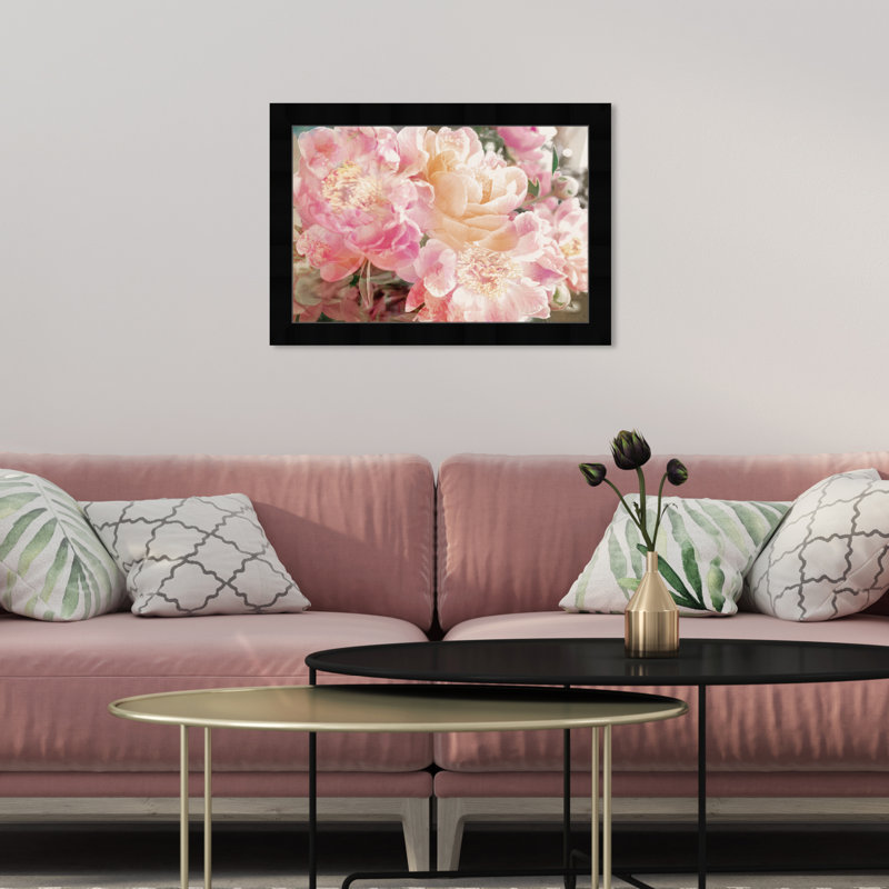 Fleurs roses, pivoines, impression sur papier, Cadre noir, H 12 po x l 17 po