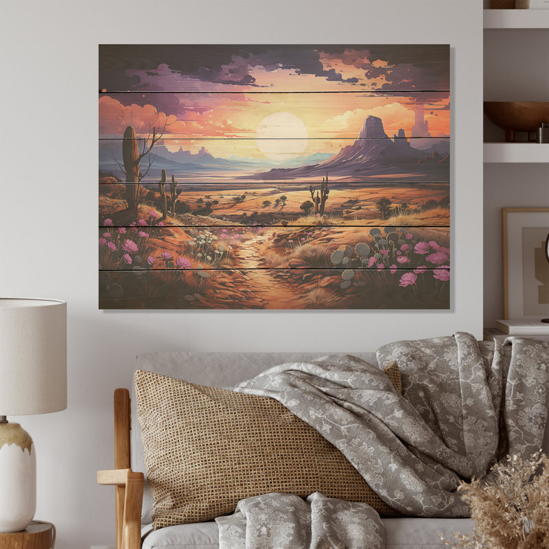 Violet Vista Cactus - Cactus Wood Wall Art On Natural Pine Wood, 30" H x 40" W