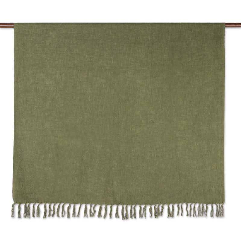 Avocado Green Cotton Throw Blanket with Tasseled Fringe