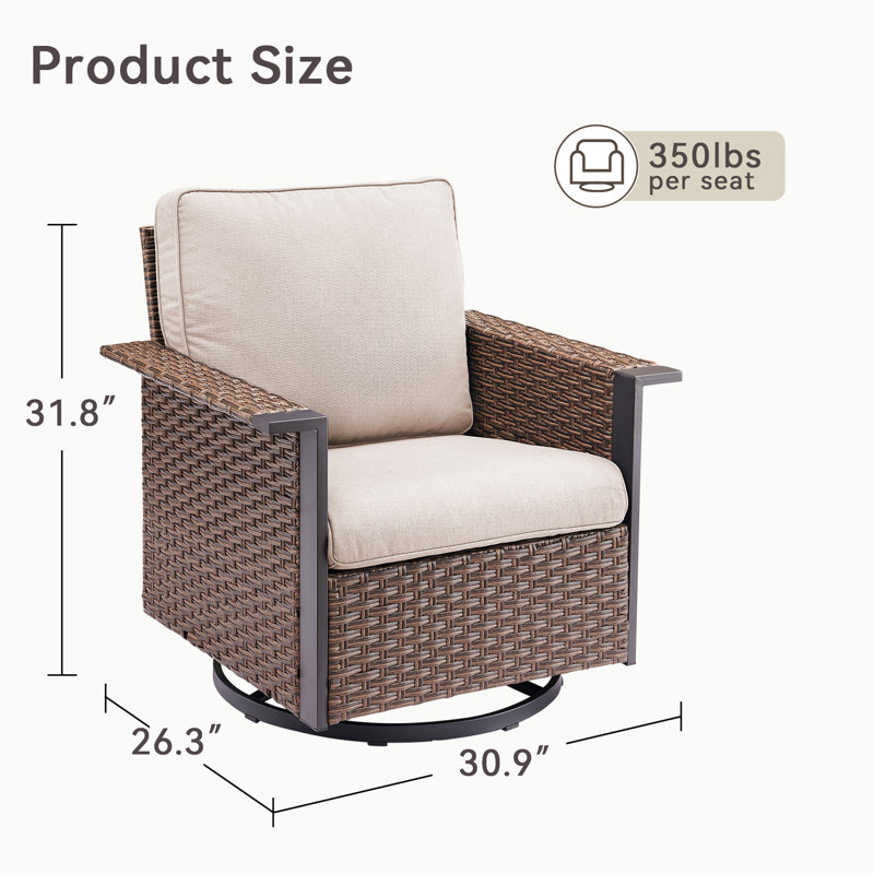 Ensemble de 2 chaises d'extérieur pivotantes berçantes en osier brun avec coussins beiges pour terrasse ou terrasse