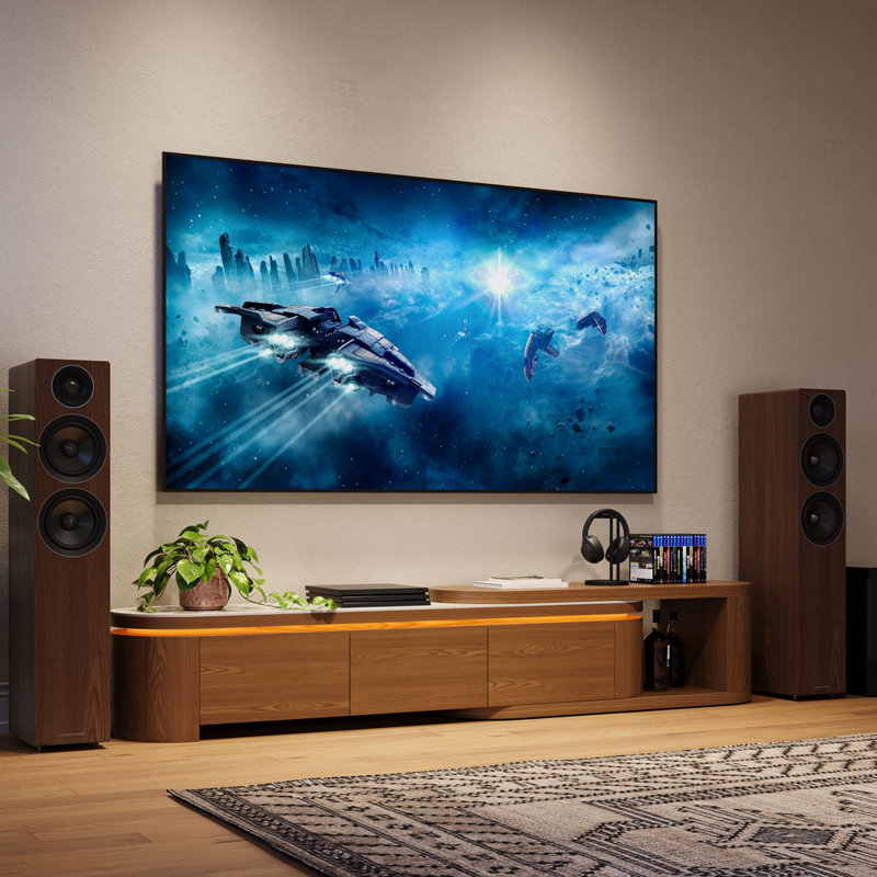 Meuble télé 78,75 po –106,3 po de style Mid-Century avec lumières DEL, console média avec plateau en travertin mat, console de couleur noyer et blanche avec rangement