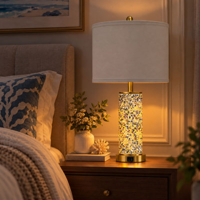 Lampes de table en mosaïque colorée de 29 po avec veilleuses intégrées, finitions en laiton et abat-jour en tissu blanc
