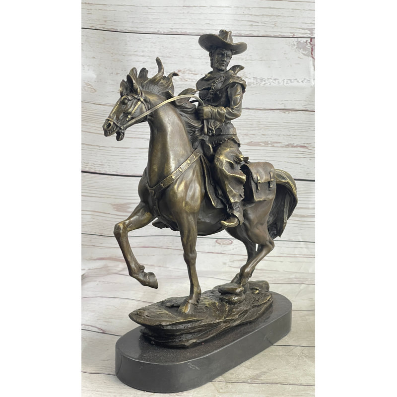 Statue de cowboy miniature en bronze à cheval Lelja, sculpture sur base de marbre, 14 po x 7 po