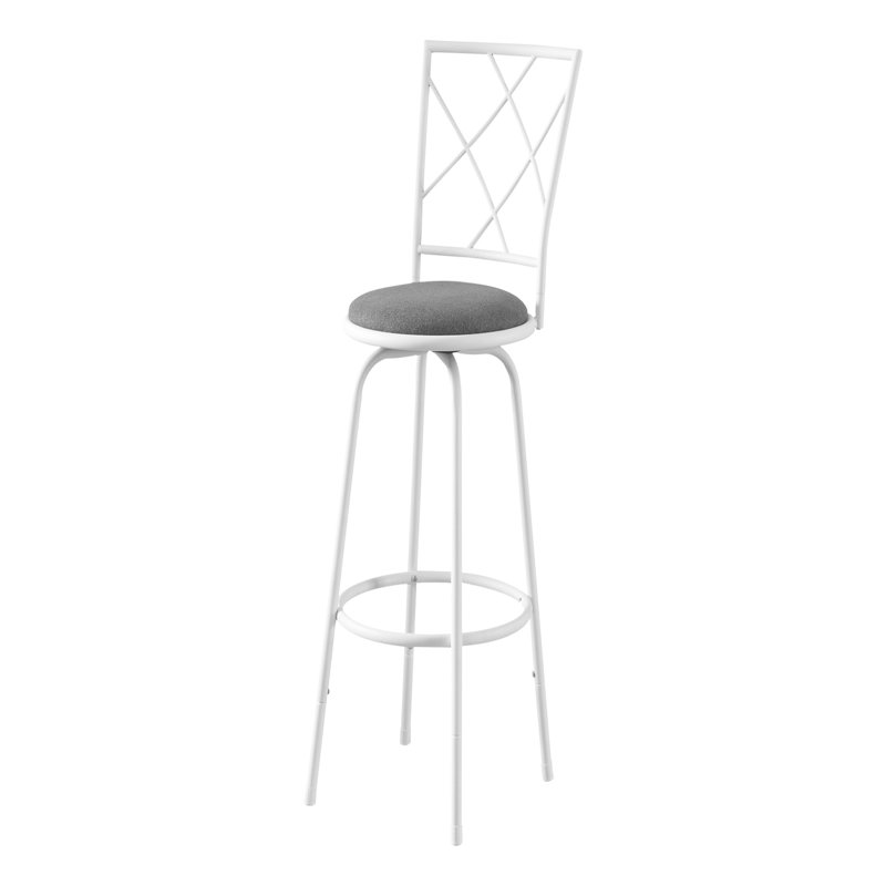Tabouret de bar, ensemble de 2, pivotant, hauteur de bar, métal blanc, tissu gris, contemporain, moderne
