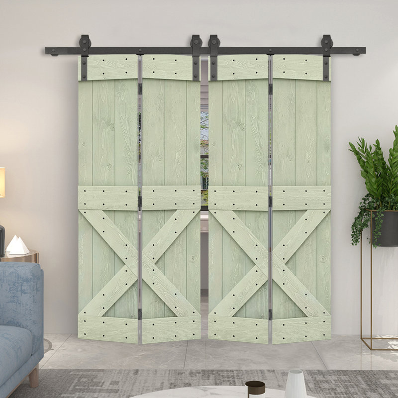 Porte de grange en bois 84 pliable avec trousse de quincaillerie d'installation, 44 po x 84 po, Vert sauge