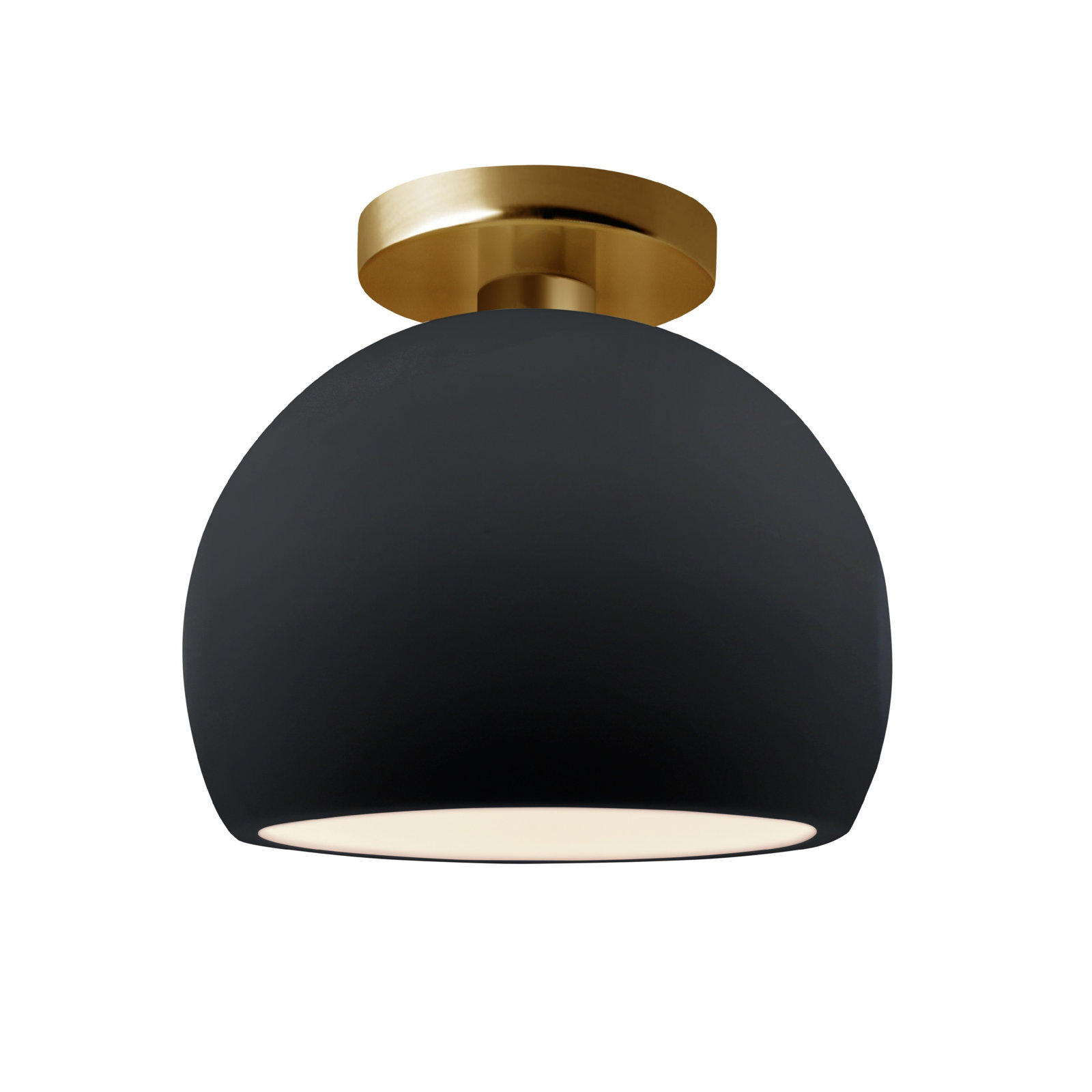 Single Light Ceramic LED Semi Flush Mount, 7" H x 7" W x 7" D, Gloss Black, Brushed Brass