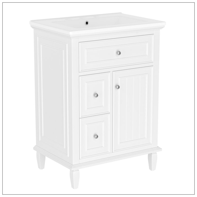Meuble-lavabo 24 po avec lavabo, meuble-lavabo avec un tiroir rabattable et deux tiroirs, tablette réglable, bois massif et panneau de fibres à densité moyenne