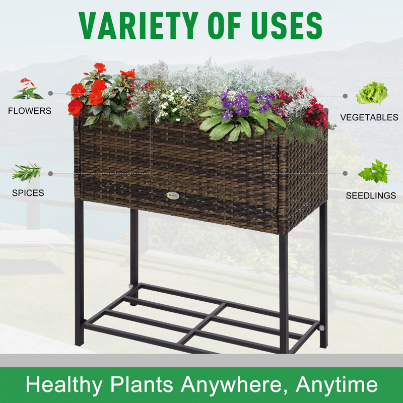 Rattan Appearance Raised Planter with Tool Storage Holder, Brown