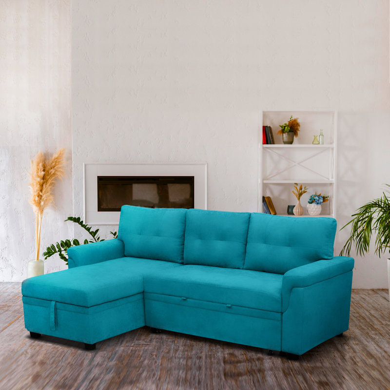Velvet Sectional Sleeper Sofa Bed – Convertible Couch with Reversible Chaise for Living Room, Teal Velvet