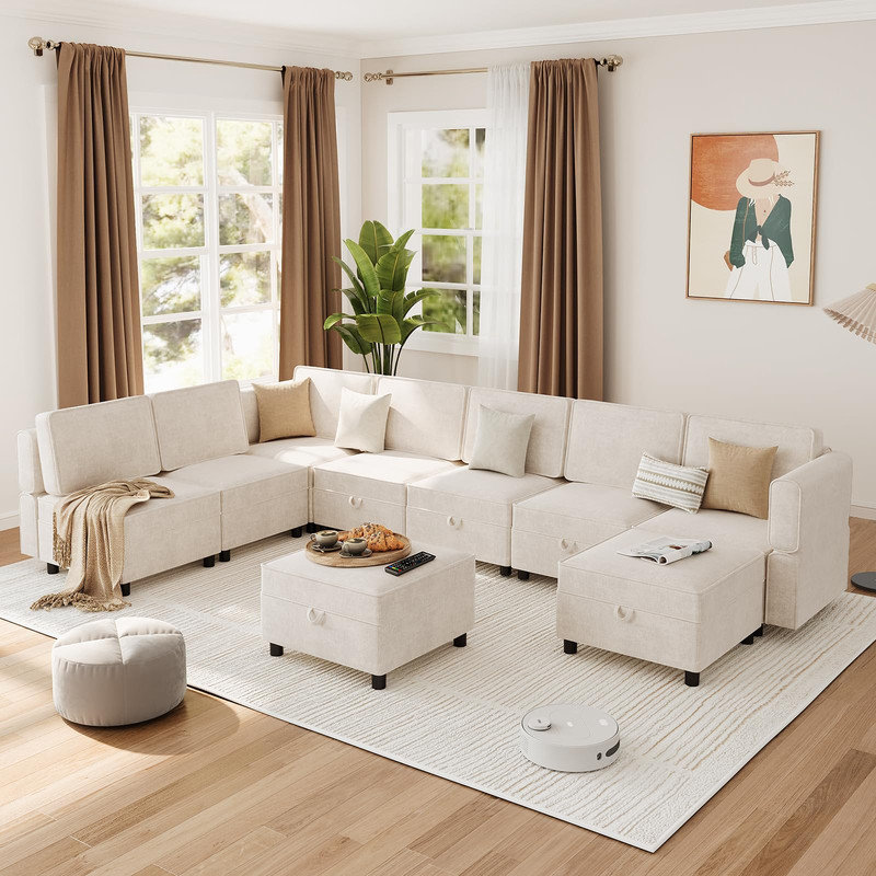 Canapé modulaire surdimensionné 9 places avec sièges de rangement et canapé-lit, surdimensionné, beige, Beige