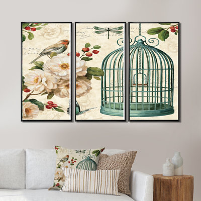 Blue Cottage Bird, Birdcage And Apple Blossoms II - Traditional Framed Canvas Wall Art Set Of 3 -  Design Art, FL31087-3P-BK
