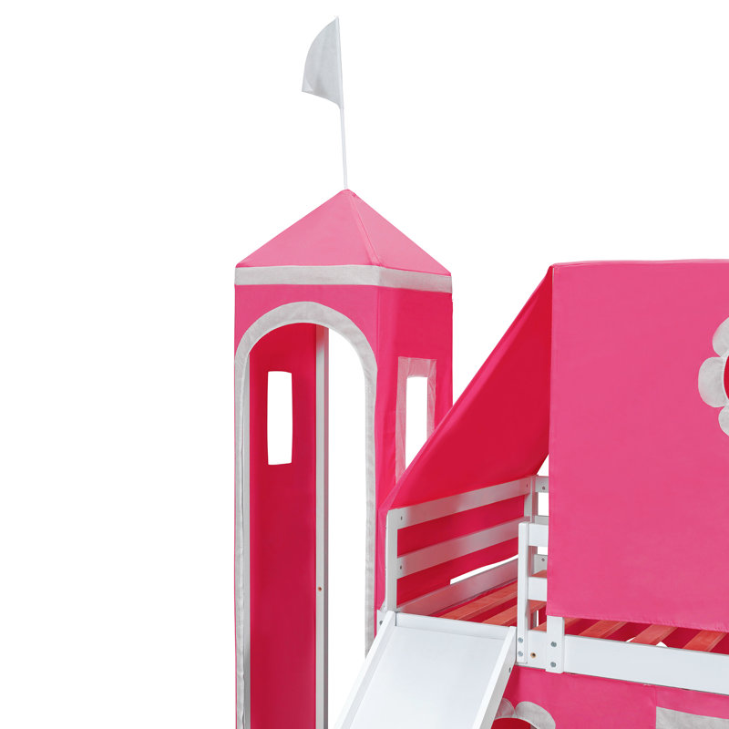 Queribus House Bed With Ladder And Storage Drawers, Solid Wood And Plywood, Twin, Red Pink