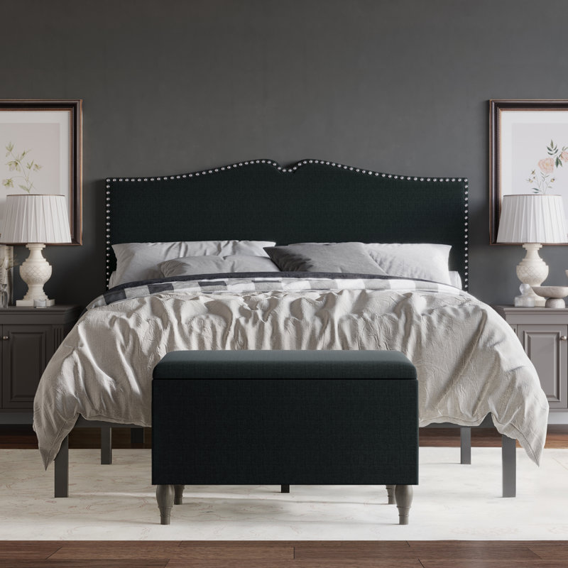 Koden Upholstered Panel Bed With Storage Bench, Charcoal Grey, Queen