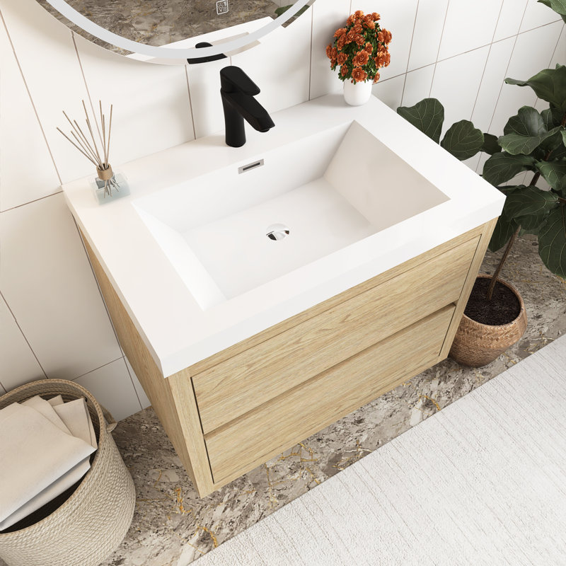 Meuble-lavabo mural 30 po avec lavabo, Bois de chêne naturel