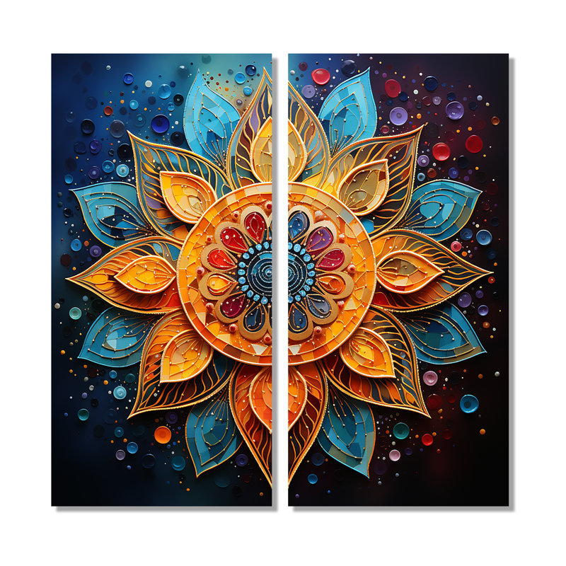 Or bleu sarcelle mandala yoga pointillisme - grandes impressions sur toile, H 32 po x l 32 po, Wrapped Canvas