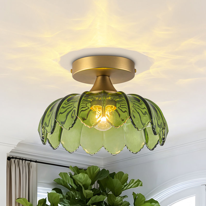 Plafonnier semi-encastré vintage en verre côtelé doré à une lumière, Vert