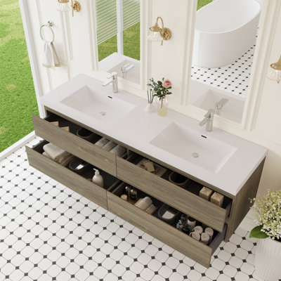 72" Floating Bathroom Storage Vanity, Solid Surface Basin, Two Sinks Four Drawers, Ash Grey, Low Maintenance, Quiet Operation Wall - Mounted Sinks, Soft Close Easy Installation, Functional