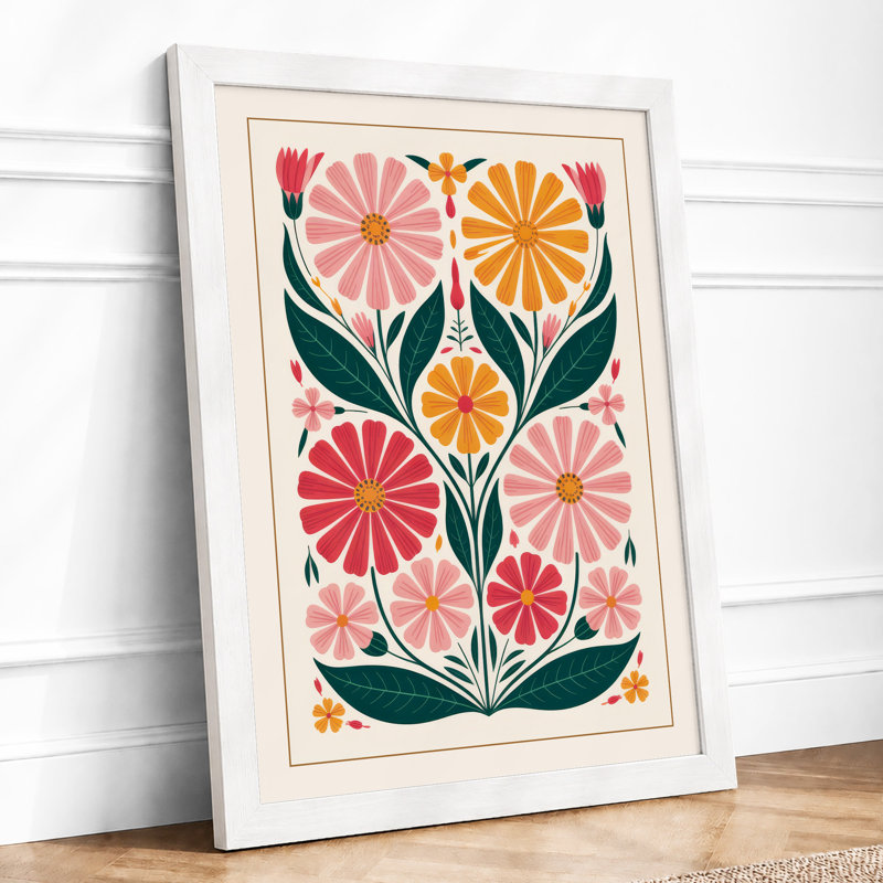 Daisy Bloom Symmetry Botanical - Framed Print, A2 - 59.4 x 42.0 cm, White