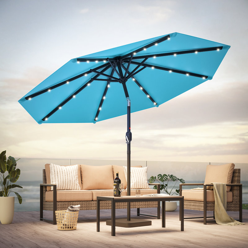 Parasol de marché d'extérieur à DEL 10 'avec bouton-poussoir inclinable et toutes saisons pour terrasse de jardin, Bleu lac